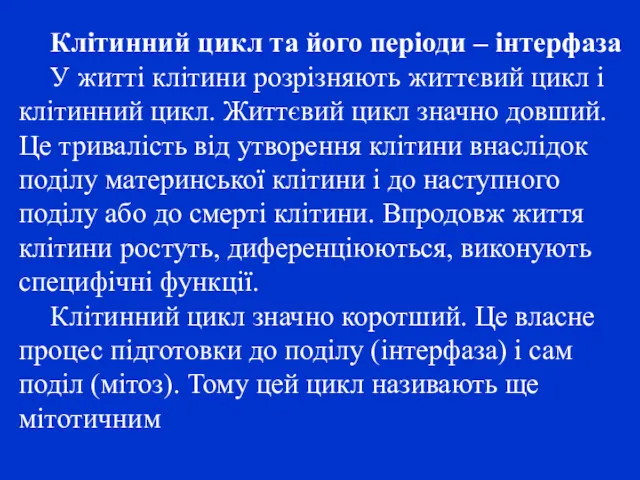 Клітинний цикл та його періоди – інтерфаза У житті клітини