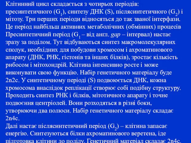 Клітинний цикл складається з чотирьох періодів: пресинтетичного (G1), синтезу ДНК