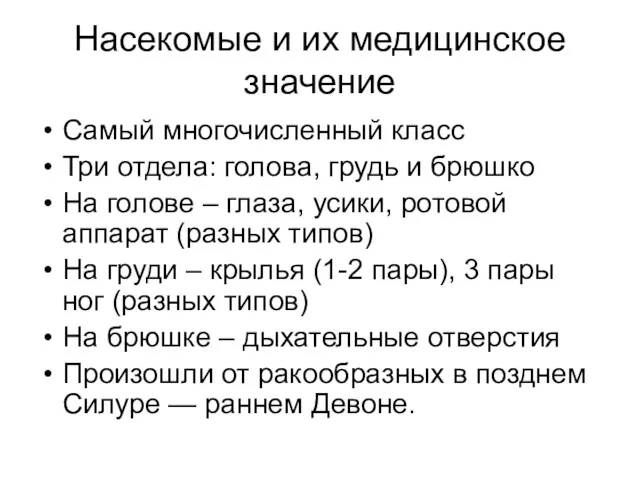 Насекомые и их медицинское значение Самый многочисленный класс Три отдела: