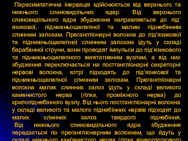 Парасимпатична інервація здійснюється від верхнього та нижнього слиновидільних ядер. Від