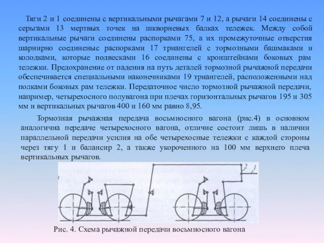 Тяги 2 и 1 соединены с вертикальными рычагами 7 и