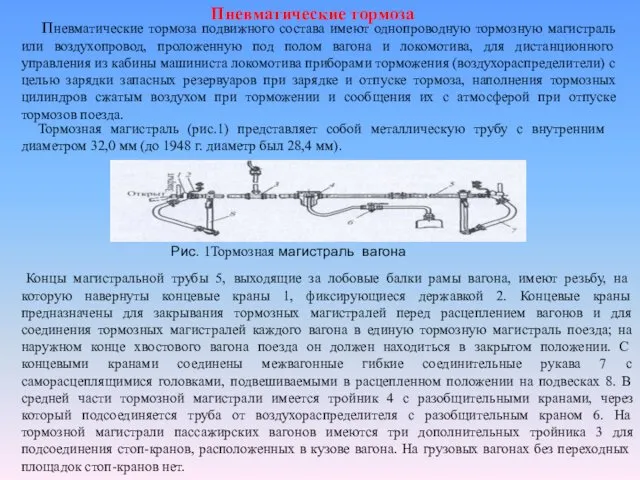 Пневматические тормоза Пневматические тормоза подвижного состава имеют однопроводную тормозную магистраль