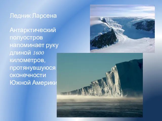 Ледник Ларсена Антарктический полуостров напоминает руку длиной 1600 километров, протянувшуюся к оконечности Южной Америки