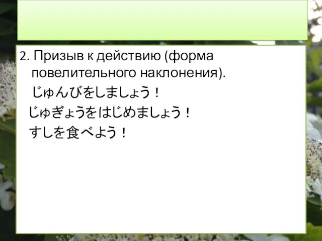 2. Призыв к действию (форма повелительного наклонения). じゅんびをしましょう！ じゅぎょうをはじめましょう！ すしを食べよう！