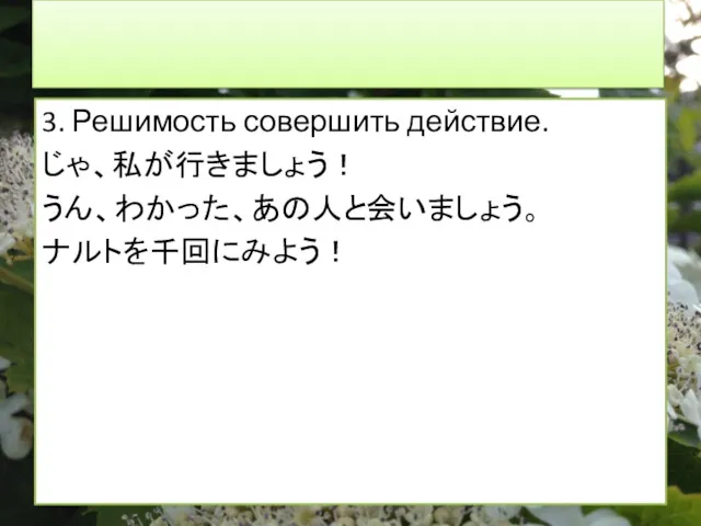 3. Решимость совершить действие. じゃ、私が行きましょう！ うん、わかった、あの人と会いましょう。 ナルトを千回にみよう！