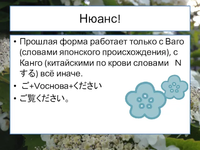 Нюанс! Прошлая форма работает только с Ваго (словами японского происхождения),