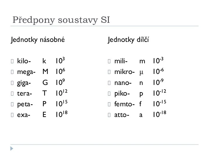 Předpony soustavy SI Jednotky násobné kilo- k 103 mega- M