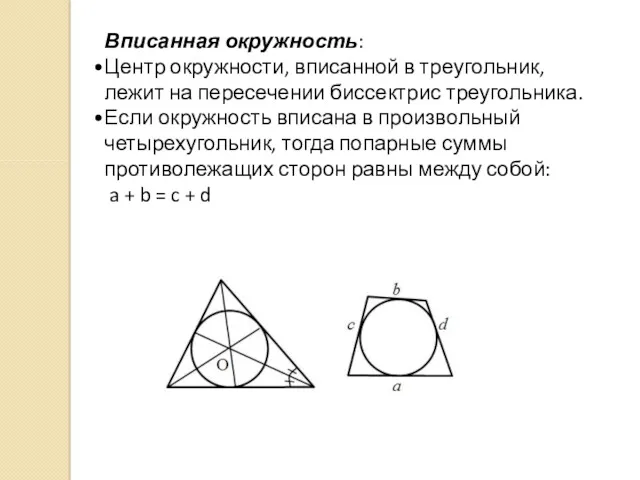 Вписанная окружность: Центр окружности, вписанной в треугольник, лежит на пересечении