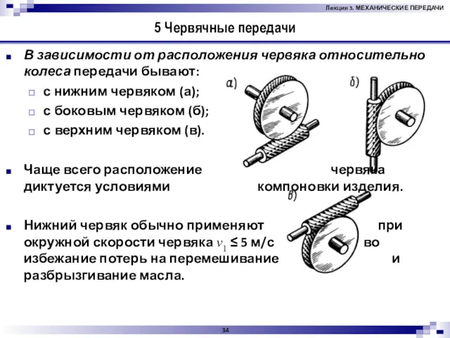 5 Червячные передачи В зависимости от расположения червяка относительно колеса