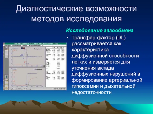 Диагностические возможности методов исследования Исследование газообмена Трансфер-фактор (DL) рассматривается как