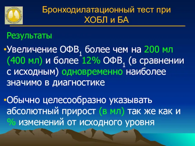 Бронходилатационный тест при ХОБЛ и БА Результаты Увеличение ОФВ1 более