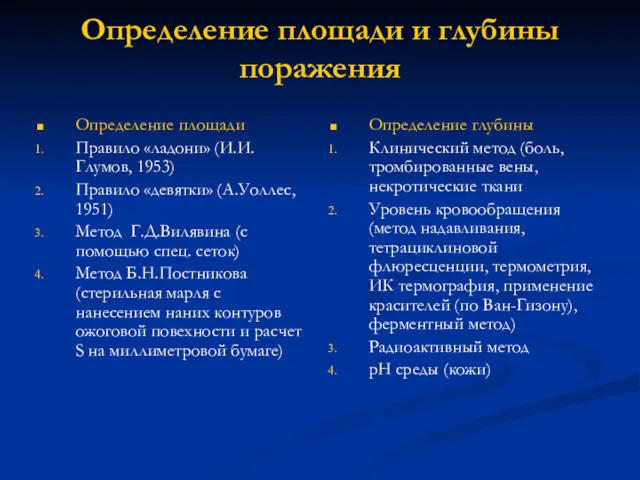 Определение площади и глубины поражения Определение площади Правило «ладони» (И.И.Глумов,