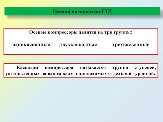 Осевые компрессоры делятся на три группы: однокаскадные двухкаскадные трехкаскадные Каскадом компрессора называется группа