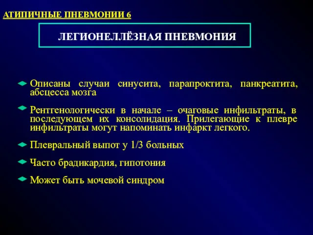 ЛЕГИОНЕЛЛЁЗНАЯ ПНЕВМОНИЯ Описаны случаи синусита, парапроктита, панкреатита, абсцесса мозга Рентгенологически