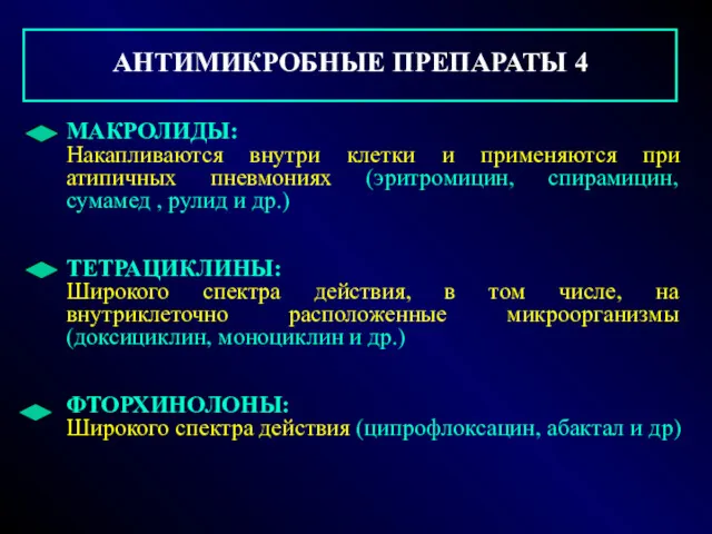 АНТИМИКРОБНЫЕ ПРЕПАРАТЫ 4 МАКРОЛИДЫ: Накапливаются внутри клетки и применяются при