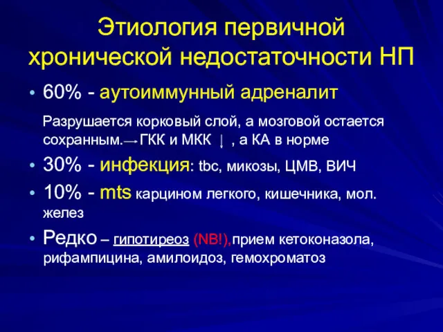 Этиология первичной хронической недостаточности НП 60% - аутоиммунный адреналит Разрушается