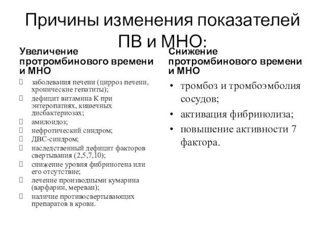 Причины изменения показателей ПВ и МНО: Увеличение протромбинового времени и