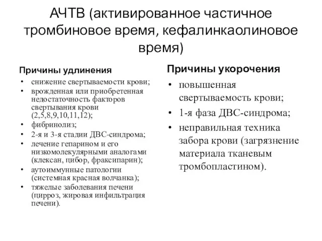 АЧТВ (активированное частичное тромбиновое время, кефалинкаолиновое время) Причины удлинения снижение