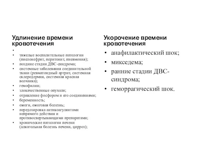 Удлинение времени кровотечения тяжелые воспалительные патологии (пиелонефрит, перитонит, пневмония); поздние