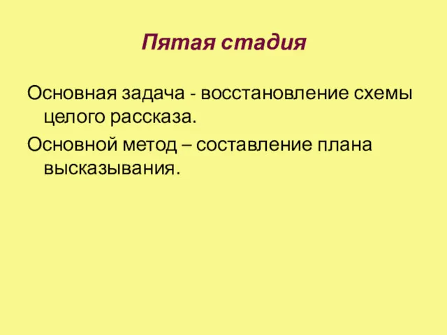 Пятая стадия Основная задача - восстановление схемы целого рассказа. Основной метод – составление плана высказывания.