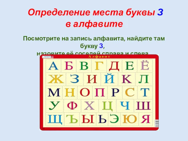 Определение места буквы З в алфавите Посмотрите на запись алфавита,