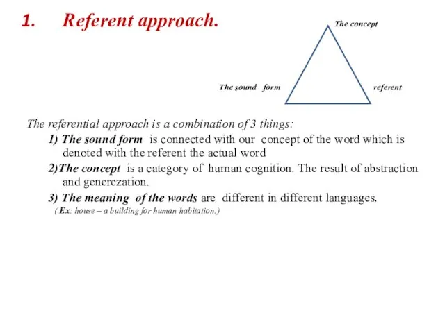 Referent approach. The concept The sound form referent The referential