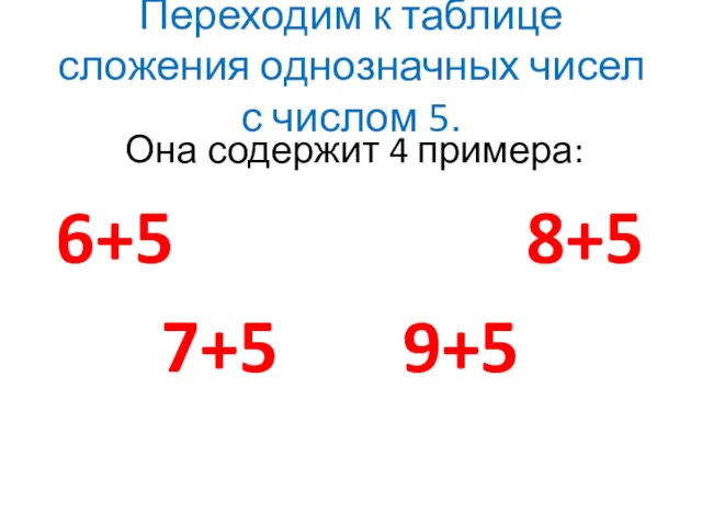 Переходим к таблице сложения однозначных чисел с числом 5. Она