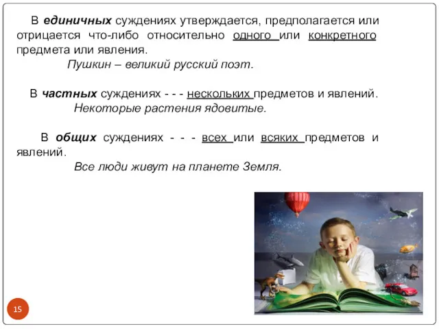 В единичных суждениях утверждается, предполагается или отрицается что-либо относительно одного или конкретного предмета