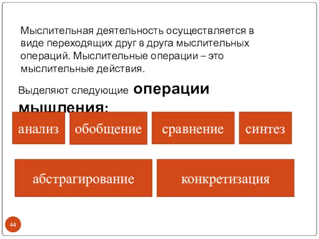 Мыслительная деятельность осуществляется в виде переходящих друг в друга мыслительных операций. Мыслительные операции