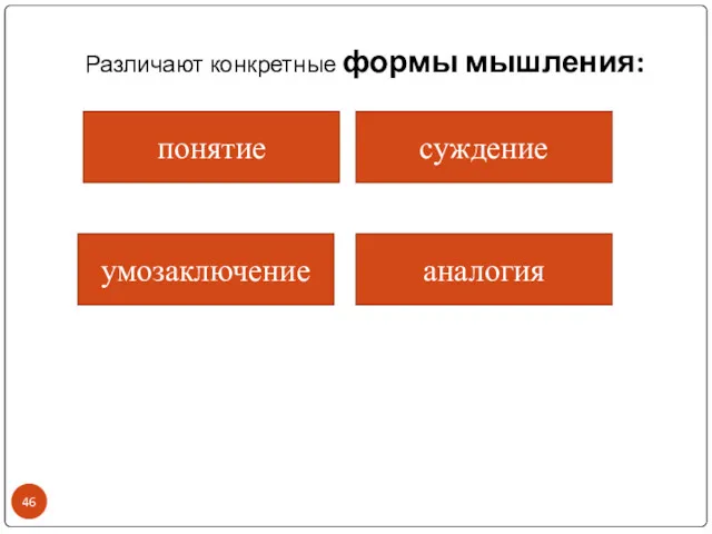 Различают конкретные формы мышления: понятие умозаключение аналогия суждение