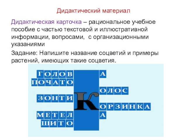 Дидактический материал Дидактическая карточка – рациональное учебное пособие с частью