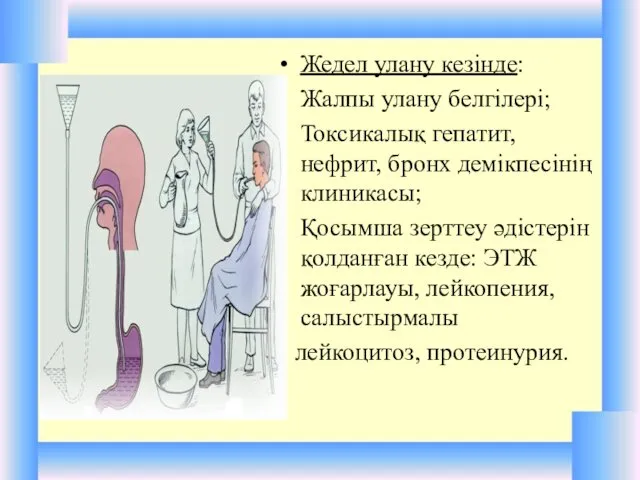 Жедел улану кезінде: Жалпы улану белгілері; Токсикалық гепатит, нефрит, бронх