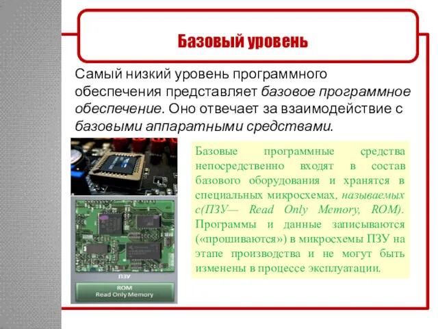 Базовый уровень Самый низкий уровень программного обеспечения представляет базовое программное