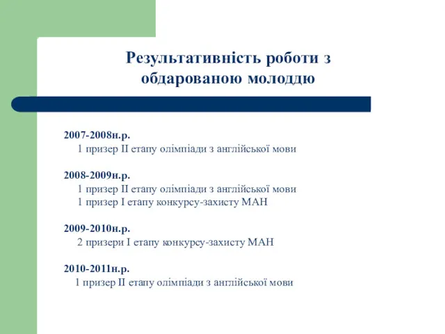 Результативність роботи з обдарованою молоддю 2007-2008н.р. 1 призер ІІ етапу