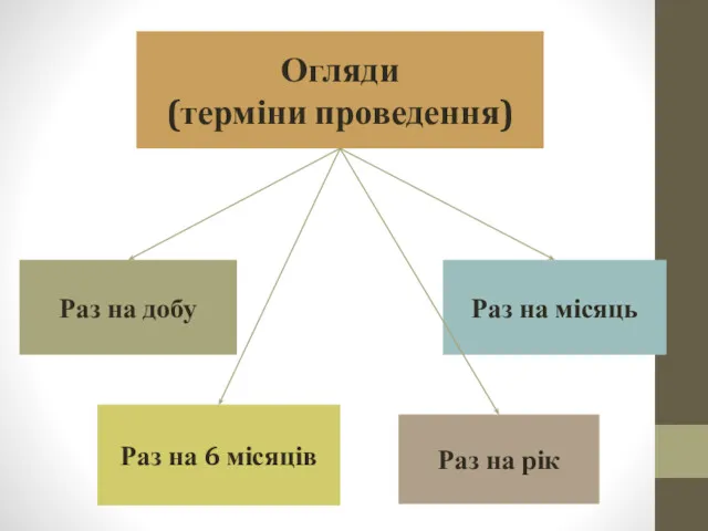 Огляди (терміни проведення) Раз на добу Раз на 6 місяців Раз на місяць Раз на рік