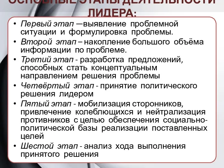 ОСНОВНЫЕ ЭТАПЫ ДЕЯТЕЛЬНОСТИ ЛИДЕРА: Первый этап —выявление проблемной ситуации и