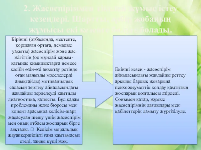 2. Жасөспіріммен тікелей жұмыс істеу кезеңдері. Шартты, әрбір жобаның жұмысы