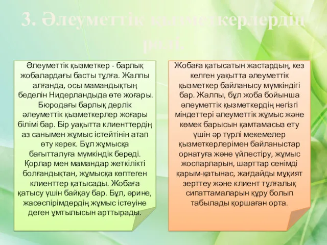 3. Әлеуметтік қызметкерлердің рөлі. Әлеуметтік қызметкер - барлық жобалардағы басты