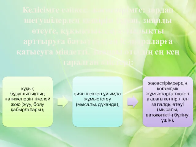 Келісімге сәйкес, жасөспірімге: зардап шегушілерден кешірім сұрап, зиянды өтеуге, құқықтық сауаттылықты арттыруға бағытталған