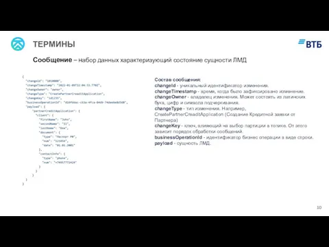 ТЕРМИНЫ Сообщение – набор данных характеризующий состояние сущности ЛМД Состав сообщения: changeId -