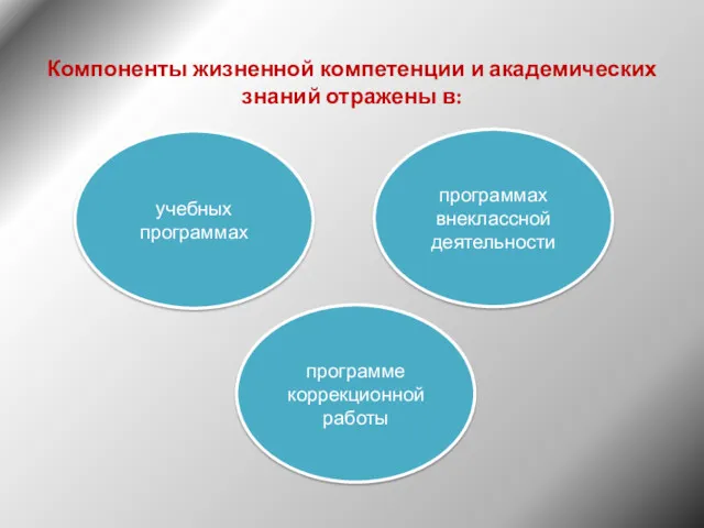 Компоненты жизненной компетенции и академических знаний отражены в: учебных программах программах внеклассной деятельности программе коррекционной работы