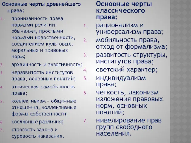 Основные черты древнейшего права: пронизанность права нормами религии, обычаями, простыми