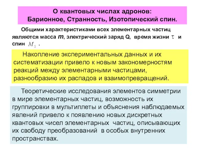 О квантовых числах адронов: Барионное, Странность, Изотопический спин. Теоретические исследования