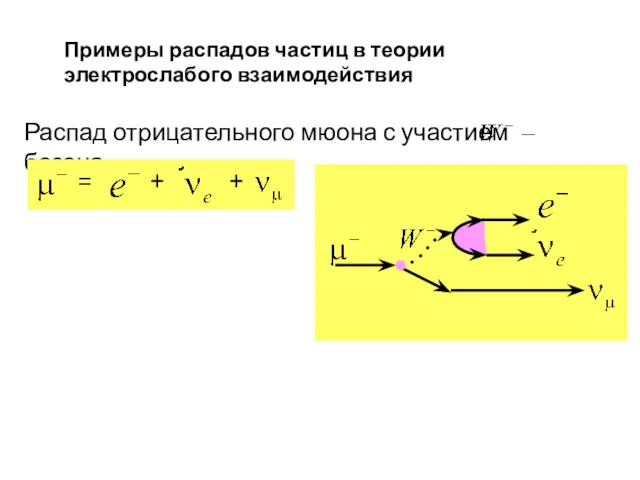 Примеры распадов частиц в теории электрослабого взаимодействия Распад отрицательного мюона с участием бозона