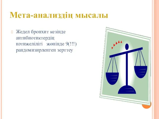 Мета-анализдің мысалы Жедел бронхит кезінде антибиотиктердің нәтижелілігі жөнінде 9(!!!) рандомизирленген зерттеу