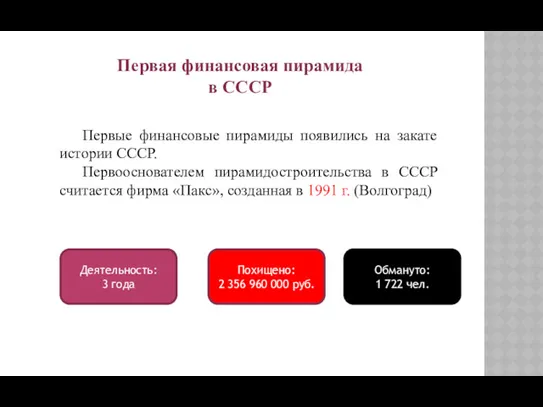 Первая финансовая пирамида в СССР Первые финансовые пирамиды появились на