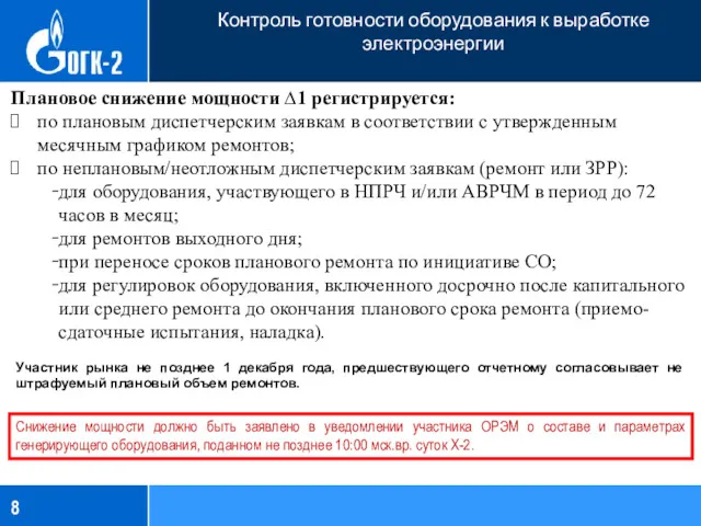 Контроль готовности оборудования к выработке электроэнергии Плановое снижение мощности ∆1