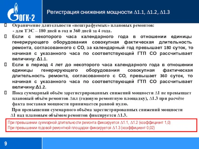 Регистрация снижения мощности ∆1.1, ∆1.2, ∆1.3 Ограничение длительности «нештрафуемых» плановых