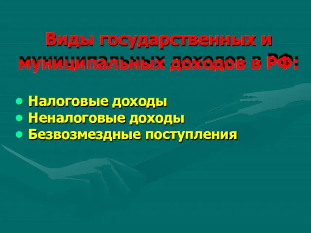 Виды государственных и муниципальных доходов в РФ: Налоговые доходы Неналоговые доходы Безвозмездные поступления