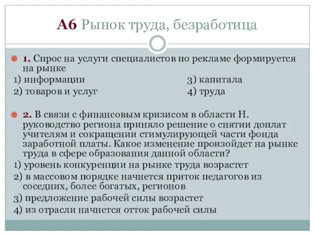 А6 Рынок труда, безработица 1. Спрос на услуги специалистов по